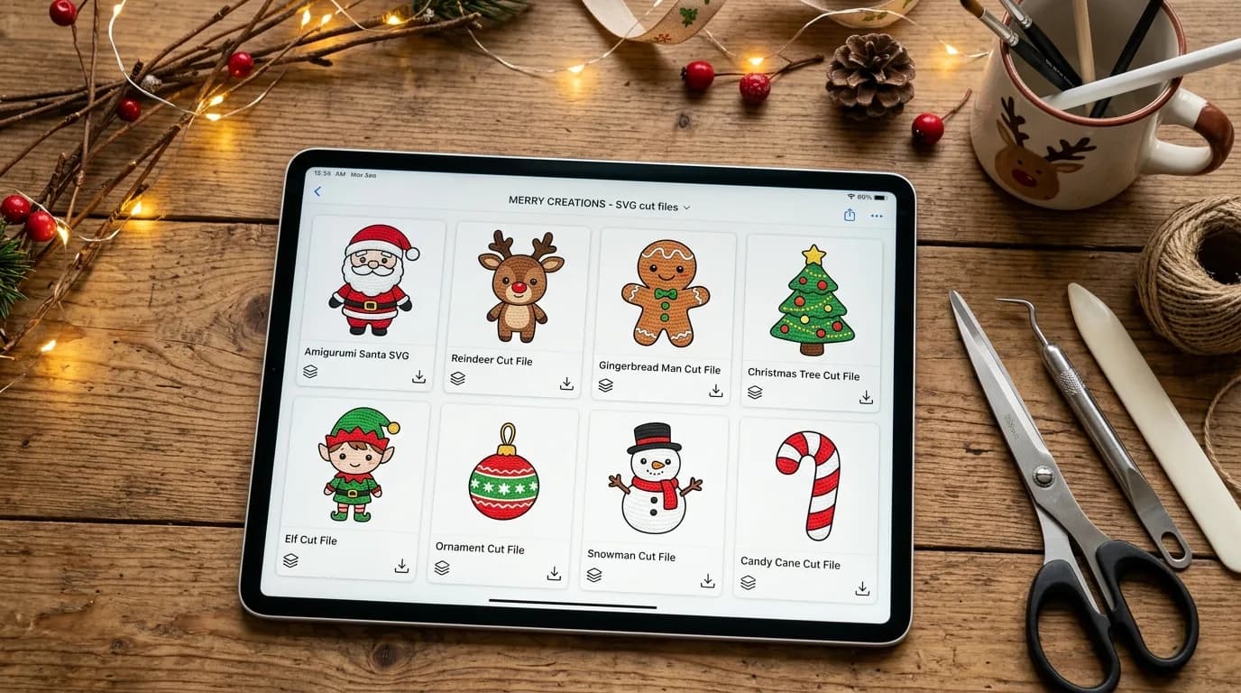 Tablet displaying holiday Canva graphic design templates and SVG cut files